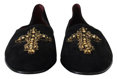 Dolce &amp; Gabbana Zwarte Suède Gouden Cross Slip On Loafers Schoenen