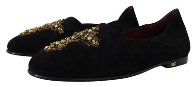 Dolce &amp; Gabbana Zwarte Suède Gouden Cross Slip On Loafers Schoenen