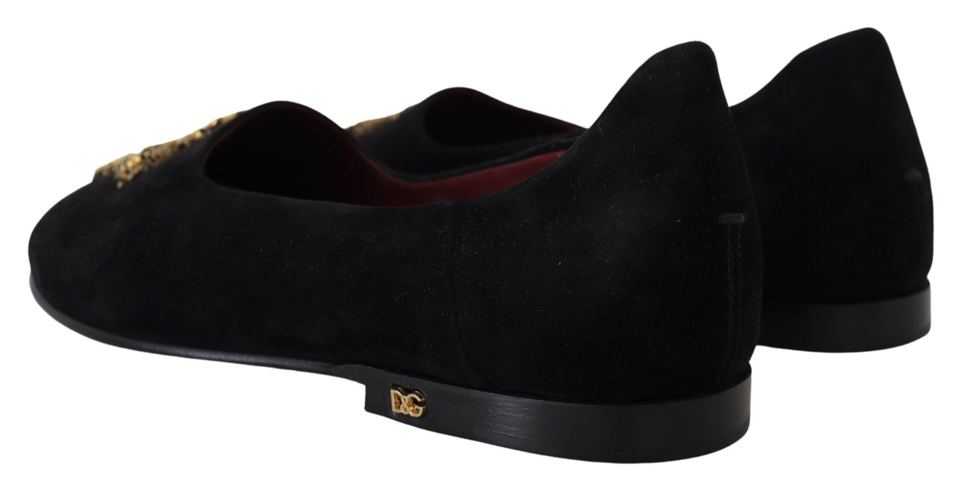 Dolce &amp; Gabbana Zwarte Suède Gouden Cross Slip On Loafers Schoenen