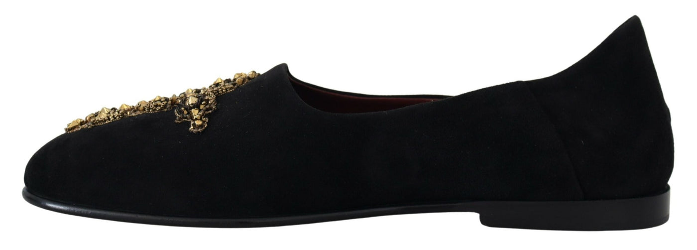 Dolce &amp; Gabbana Zwarte Suède Gouden Cross Slip On Loafers Schoenen