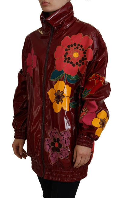 Dolce &amp; Gabbana Maroon Floral Full Zip Polyester Damesjack