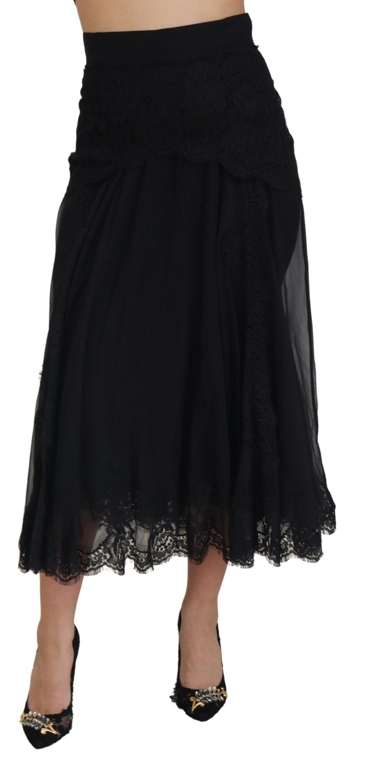 Jupe midi taille haute en dentelle de soie noire Dolce &amp; Gabbana