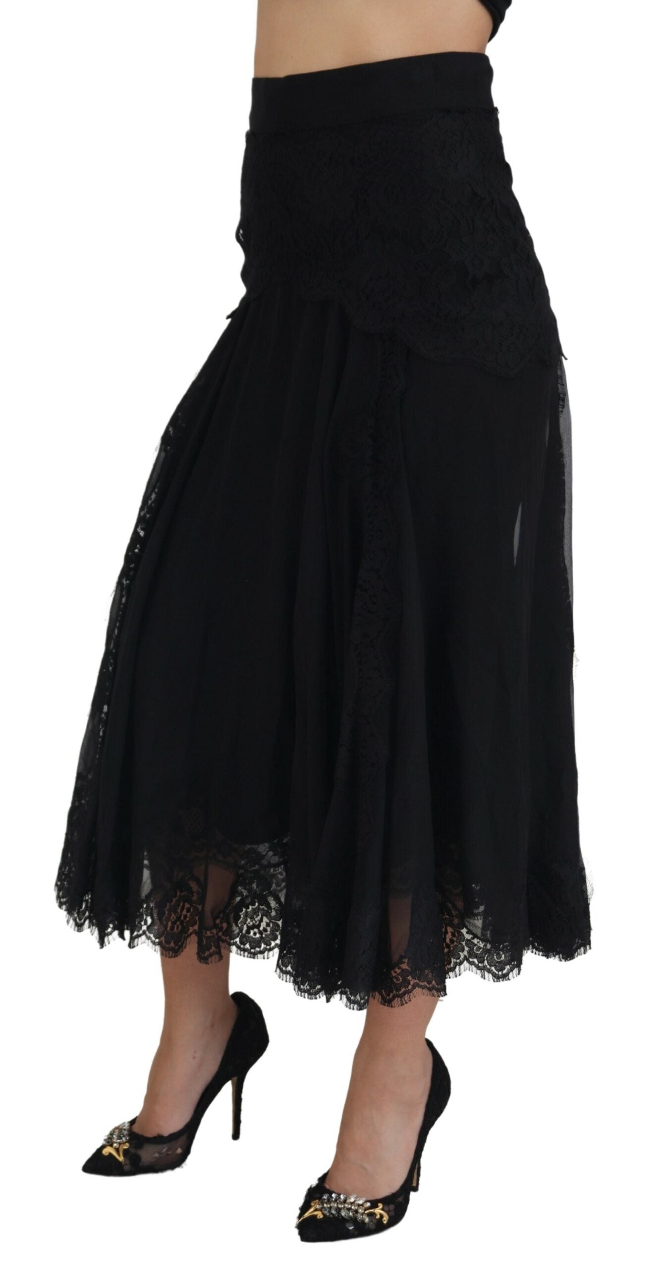 Jupe midi taille haute en dentelle de soie noire Dolce &amp; Gabbana