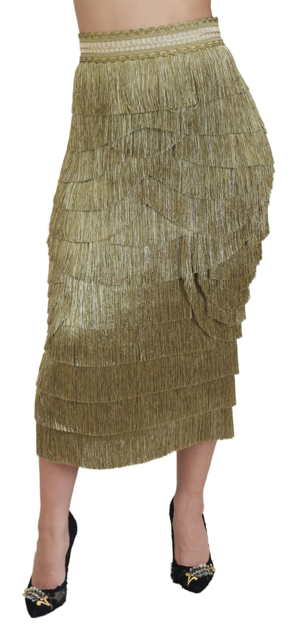 Jupe midi en soie à franges métallisées dorées Dolce &amp; Gabbana