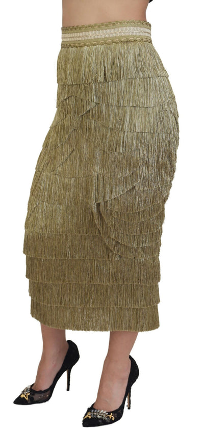 Jupe midi en soie à franges métallisées dorées Dolce &amp; Gabbana