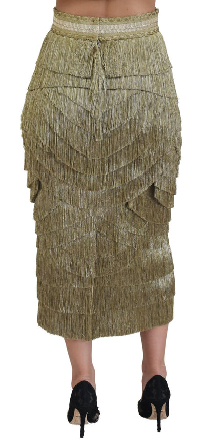 Jupe midi en soie à franges métallisées dorées Dolce &amp; Gabbana