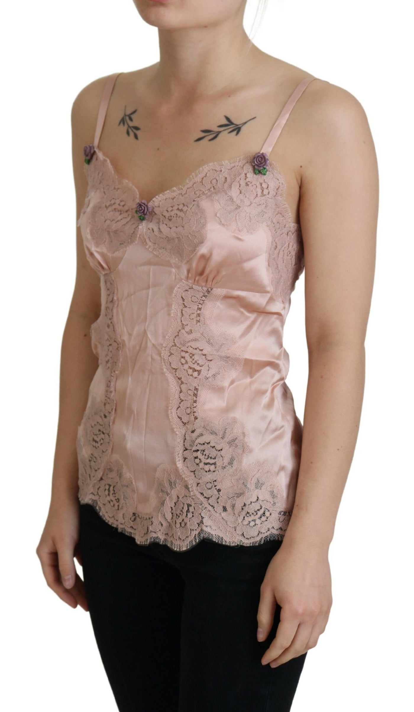 Débardeur Dolce &amp; Gabbana en satin rose et dentelle à imprimé roses