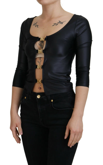 Dolce &amp; Gabbana Zwarte katoenen stretch top met open borst en driekwartmouwen