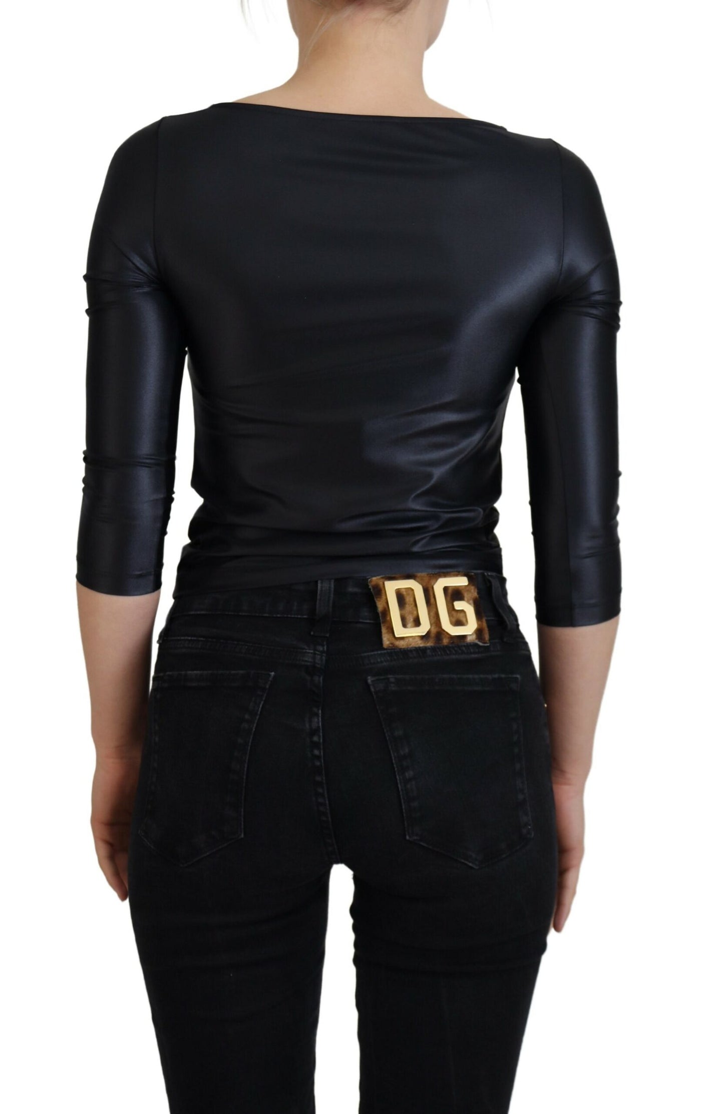 Dolce &amp; Gabbana Zwarte katoenen stretch top met open borst en driekwartmouwen