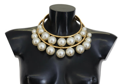 Dolce & Gabbana White Faux Pearl Embellished Brass Choker Necklace