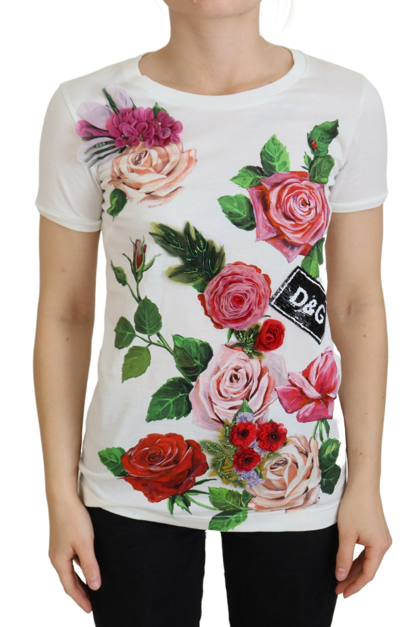 Dolce &amp; Gabbana White Rose DGLogo bedrukte top met korte mouwen