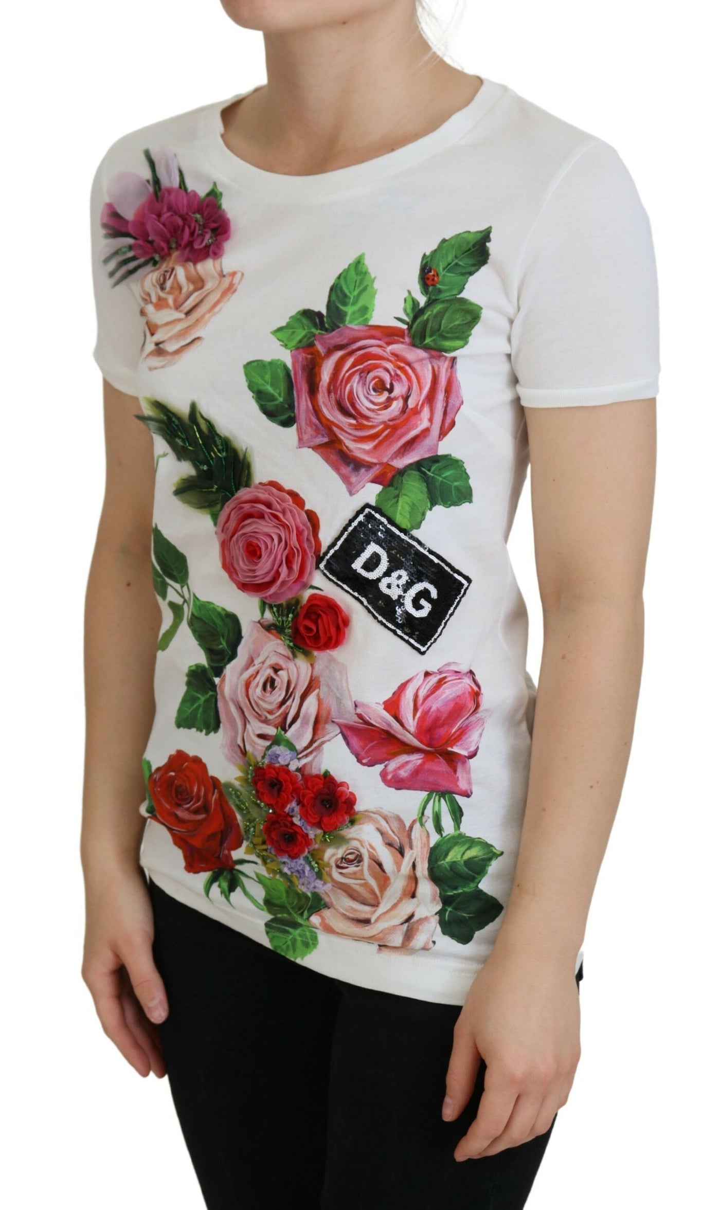 Dolce &amp; Gabbana White Rose DGLogo bedrukte top met korte mouwen