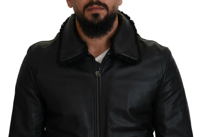 Dolce & Gabbana Black Lamb Leather Collared Men Coat Jacket