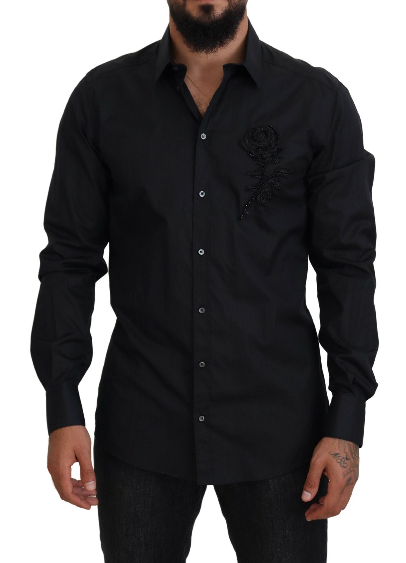 Chemise slim en coton Dolce &amp; Gabbana à roses noires