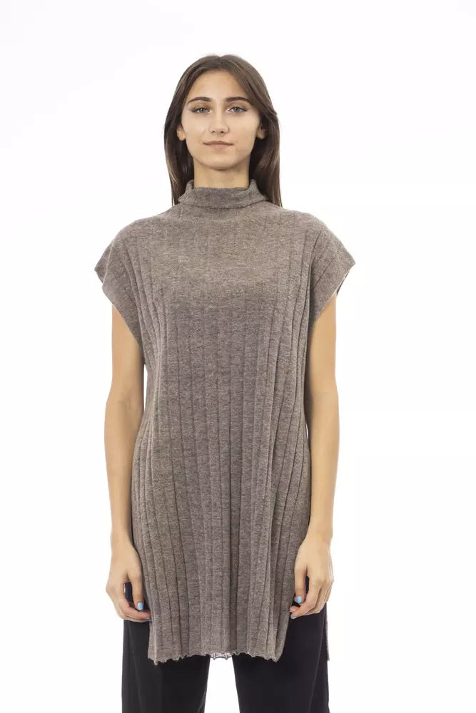 Pull femme en laine marron Alpha Studio avec col roulé et fentes latérales