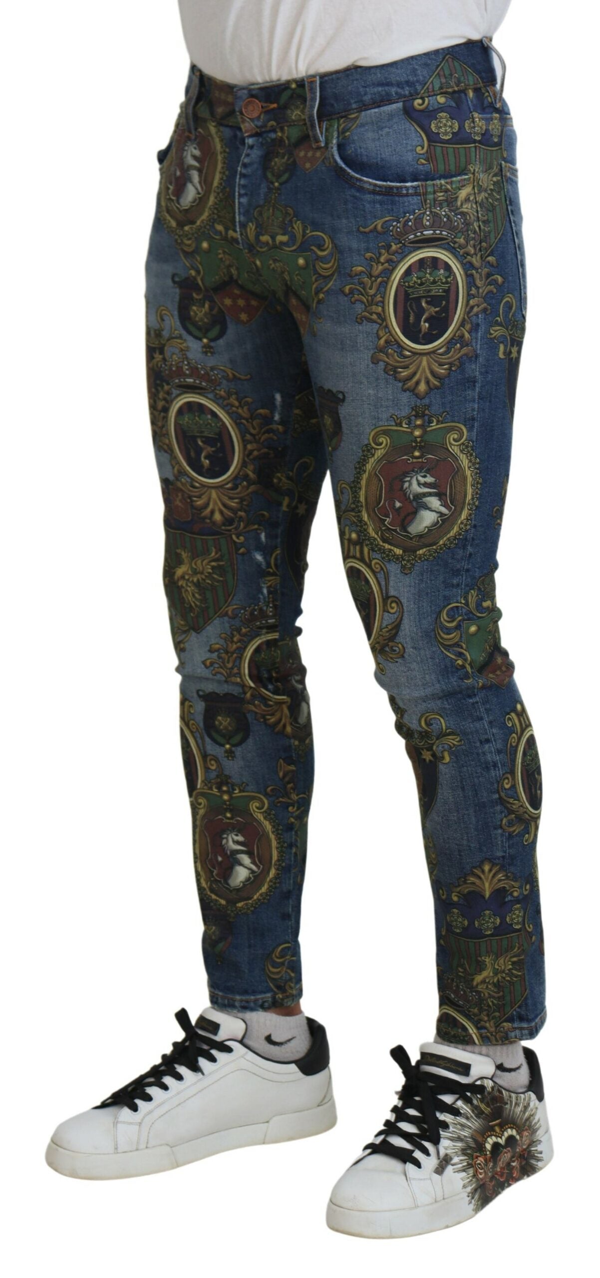 Dolce &amp; Gabbana Blue Medal Print Slim Fit Katoenen Jeans