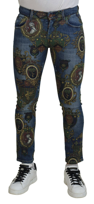 Dolce &amp; Gabbana Blue Medal Print Slim Fit Katoenen Jeans