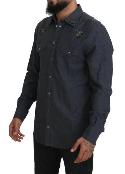 Chemise Dolce &amp; Gabbana en denim de coton bleu avec motif abeille en cristal