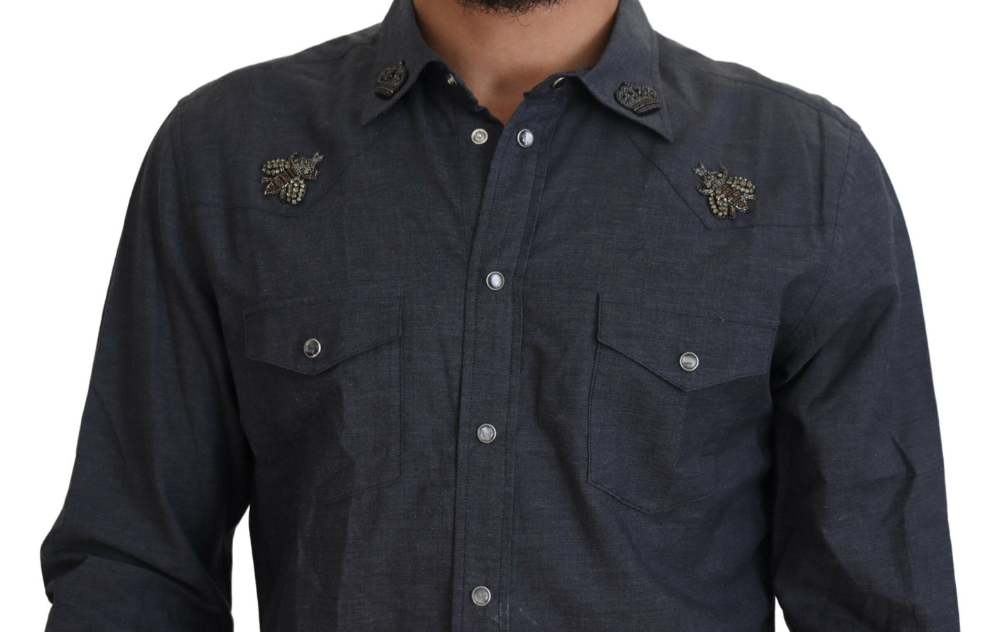 Chemise Dolce &amp; Gabbana en denim de coton bleu avec motif abeille en cristal