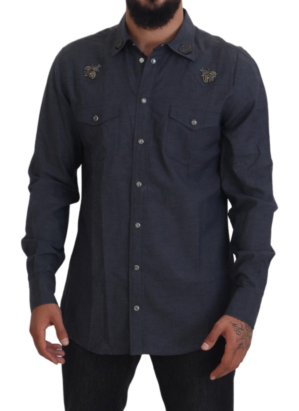 Chemise Dolce &amp; Gabbana en denim de coton bleu avec motif abeille en cristal