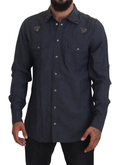 Chemise Dolce &amp; Gabbana en denim de coton bleu avec motif abeille en cristal