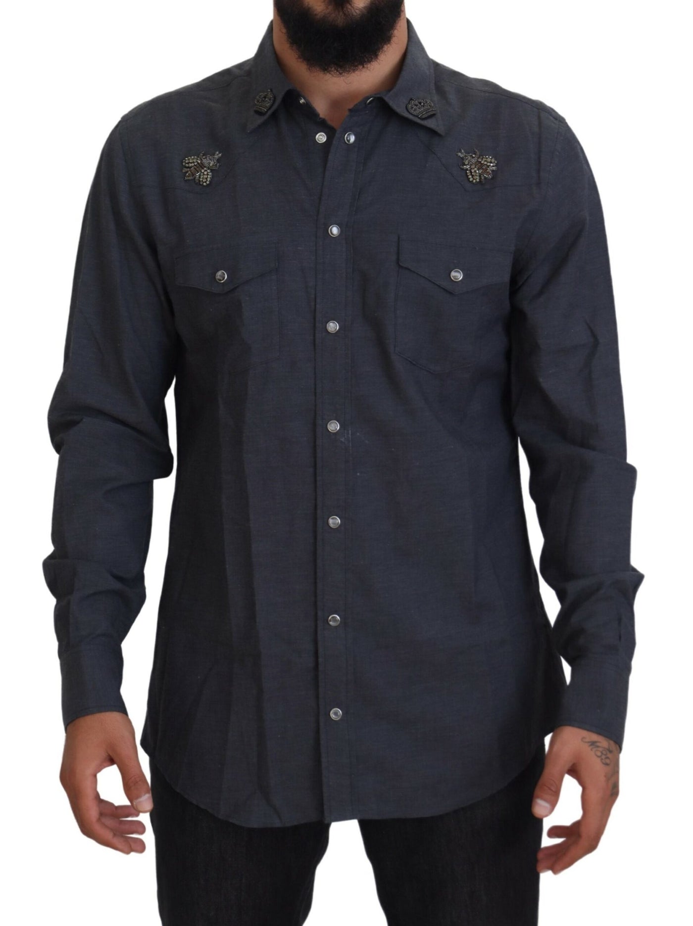 Chemise Dolce &amp; Gabbana en denim de coton bleu avec motif abeille en cristal
