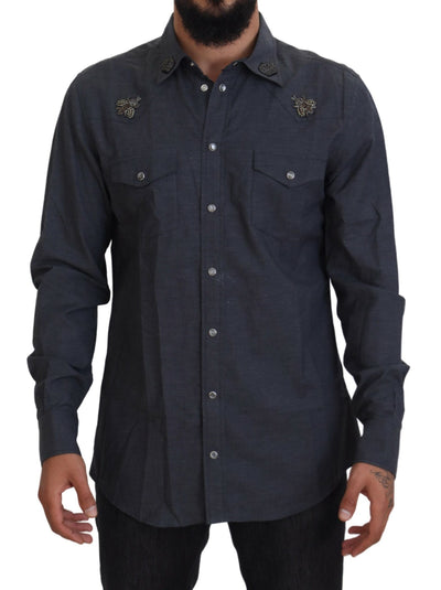 Chemise Dolce &amp; Gabbana en denim de coton bleu avec motif abeille en cristal