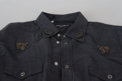 Chemise Dolce &amp; Gabbana en denim de coton bleu avec motif abeille en cristal