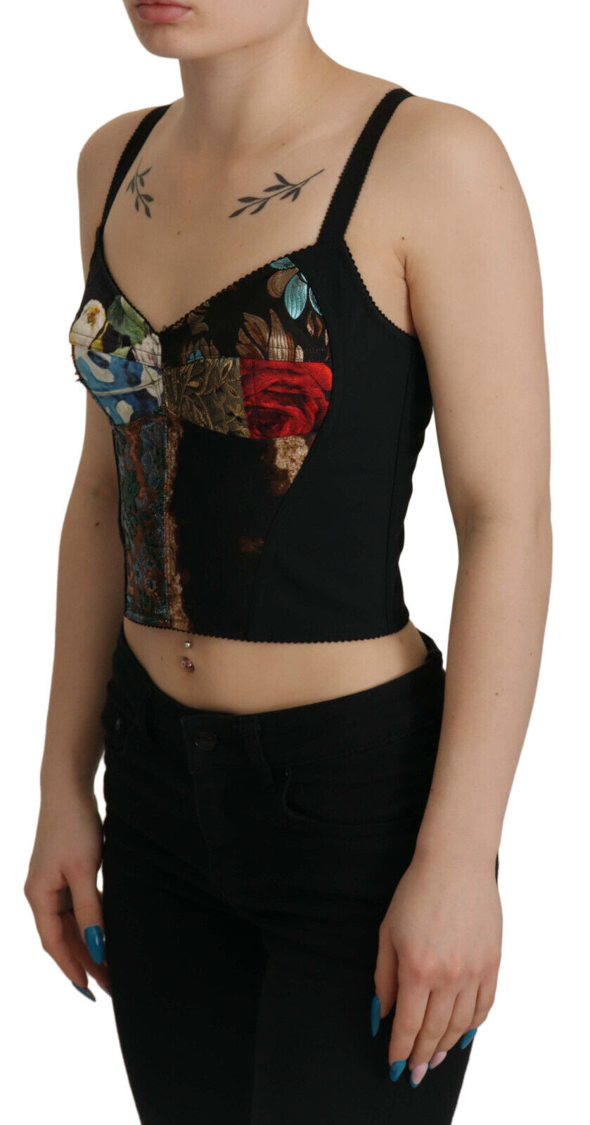 Dolce &amp; Gabbana Zwarte Patchwork Sicilië Blouse Korset Cropped Top