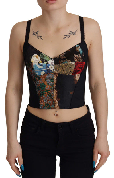 Dolce &amp; Gabbana Zwarte Patchwork Sicilië Blouse Korset Cropped Top