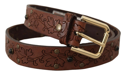 Ceinture Dolce &amp; Gabbana en cuir marron avec boucle en métal cloutée et florale
