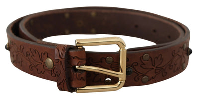 Ceinture Dolce &amp; Gabbana en cuir marron avec boucle en métal cloutée et florale