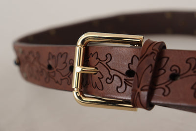 Ceinture Dolce &amp; Gabbana en cuir marron avec boucle en métal cloutée et florale