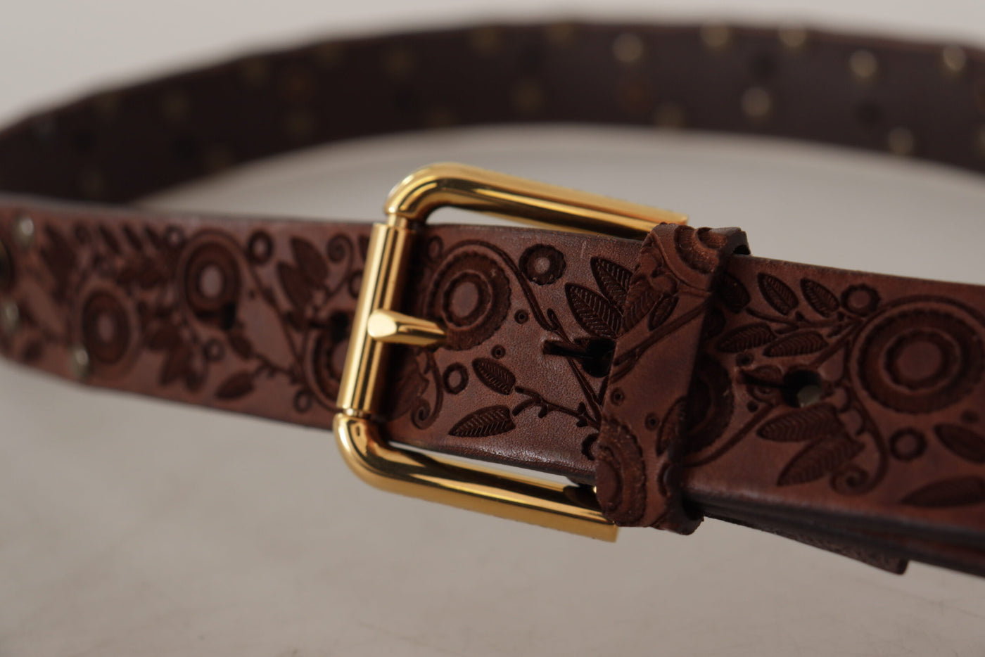 Dolce &amp; Gabbana Boucle en métal doré gaufré en cuir de veau marron