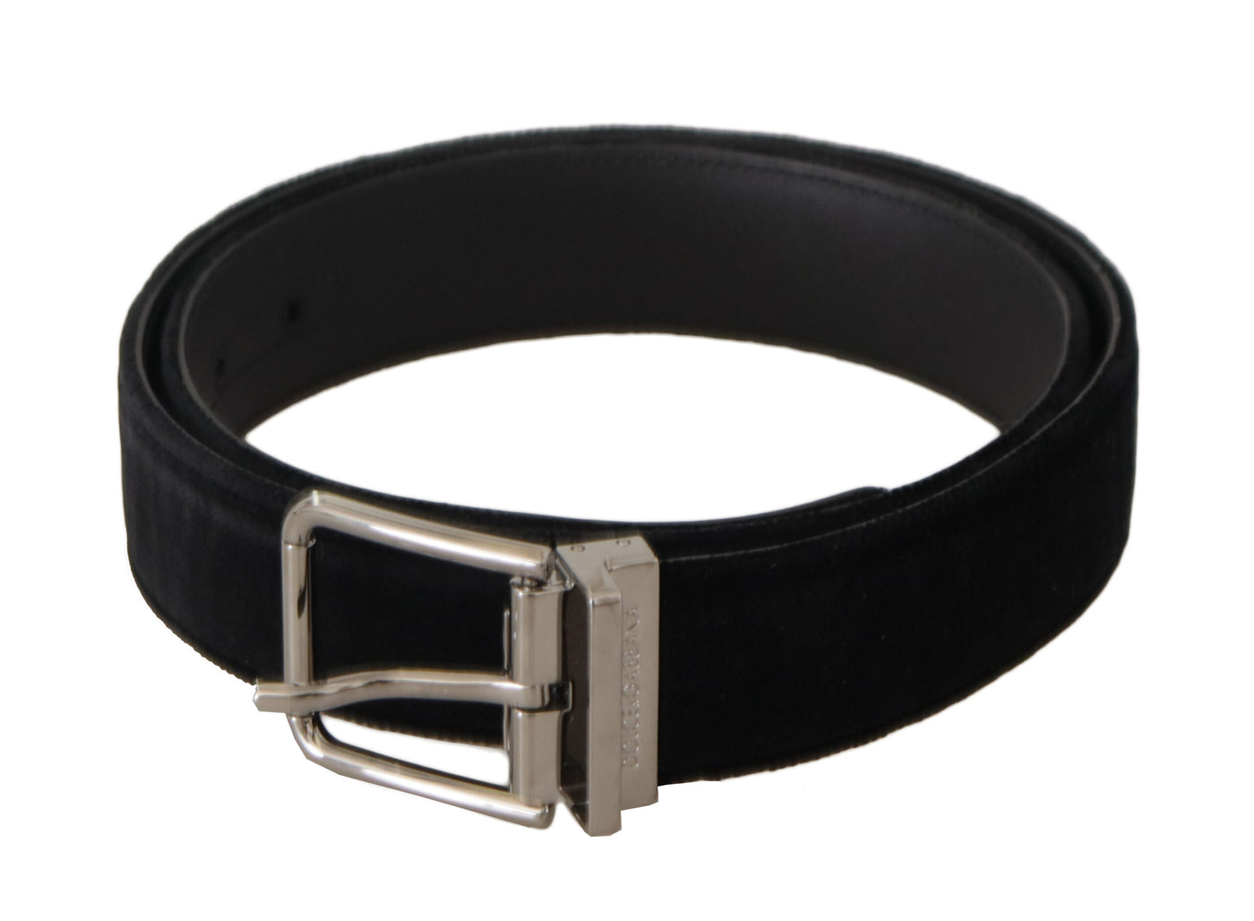Ceinture Dolce &amp; Gabbana en velours noir avec boucle en métal gravée du logo argenté