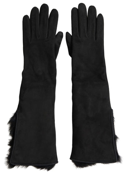 Gants en cuir noir et fourrure Dolce &amp; Gabbana jusqu'aux coudes