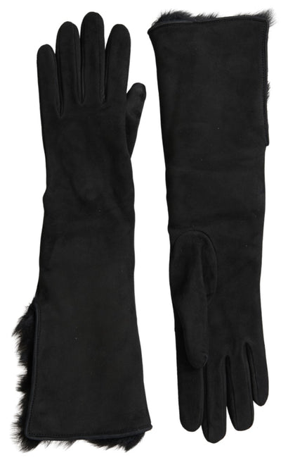 Gants en cuir noir et fourrure Dolce &amp; Gabbana jusqu'aux coudes