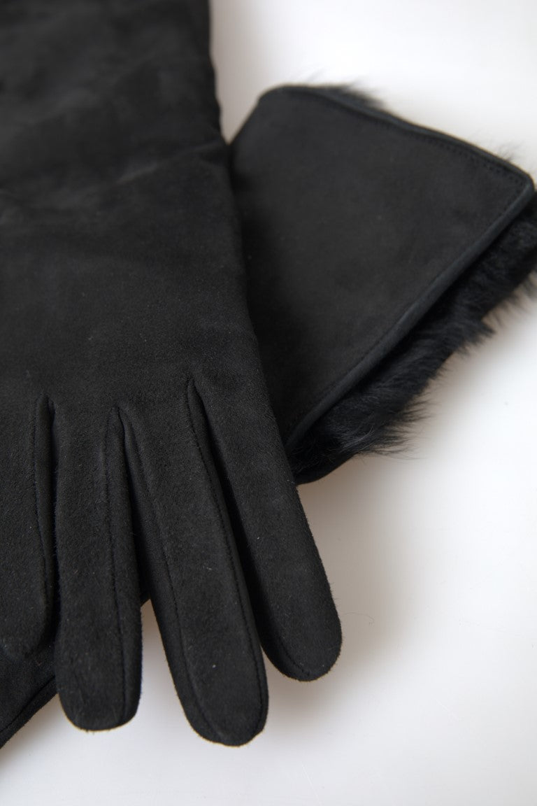 Gants en cuir noir et fourrure Dolce &amp; Gabbana jusqu'aux coudes