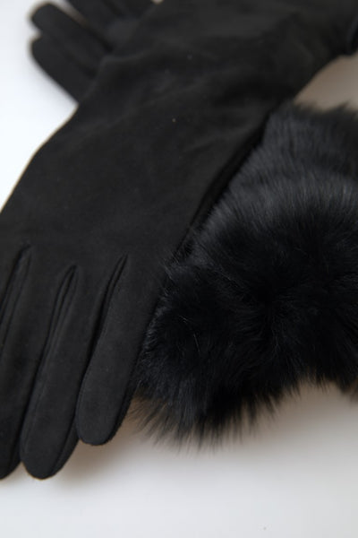 Gants en cuir noir et fourrure Dolce &amp; Gabbana jusqu'aux coudes