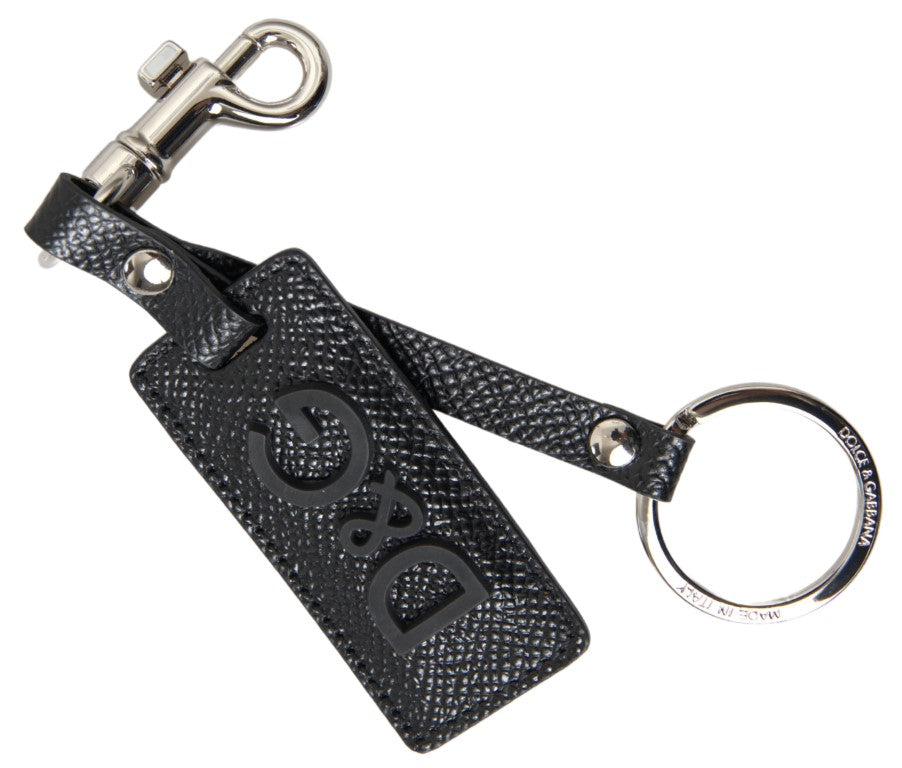 Dolce &amp; Gabbana zwarte DG-logo leren zilveren metalen sleutelhanger