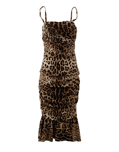 Dolce & Gabbana Brown Leopard Print Ruched Midi Dress