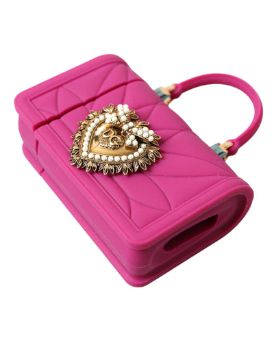 Étui pour Airpods Dolce &amp; Gabbana en silicone rose avec chaîne dorée et sac cœur Devotion