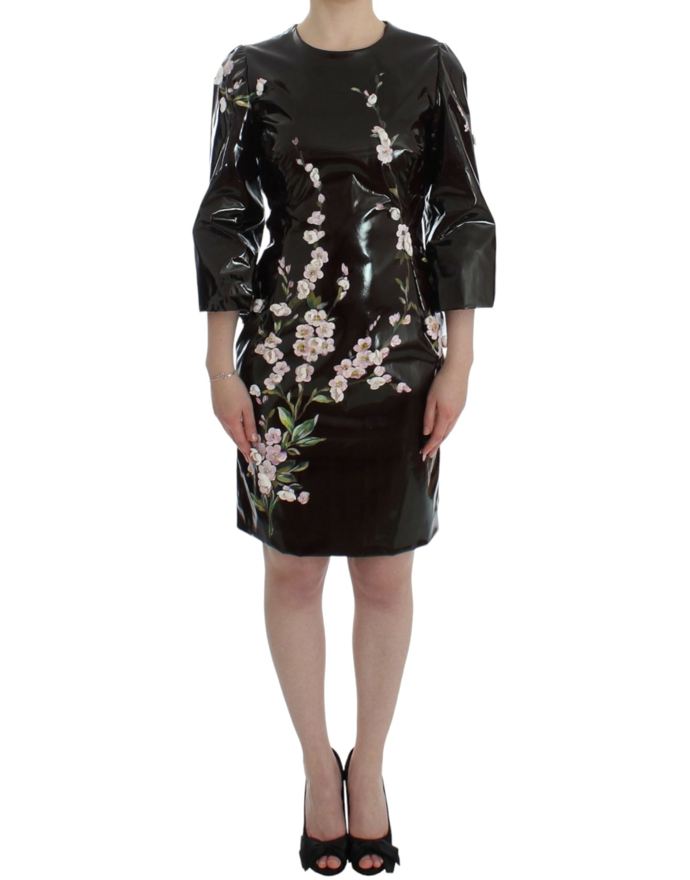 Robe fourreau noire à fleurs à manches 3/4 Dolce &amp; Gabbana