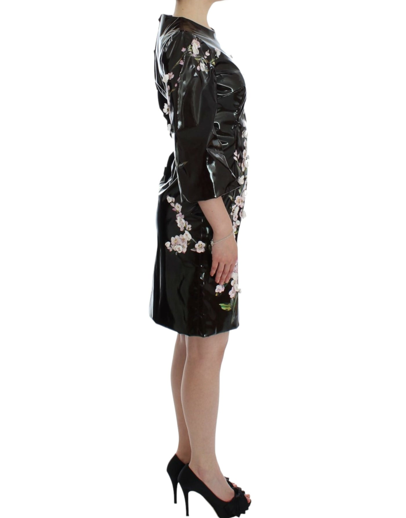 Robe fourreau noire à fleurs à manches 3/4 Dolce &amp; Gabbana