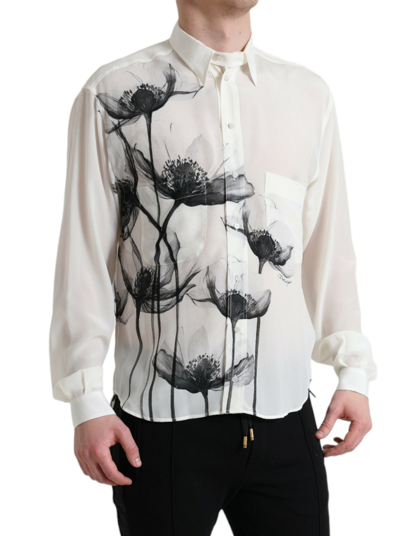 Chemise en soie blanche à col fleuri Dolce &amp; Gabbana