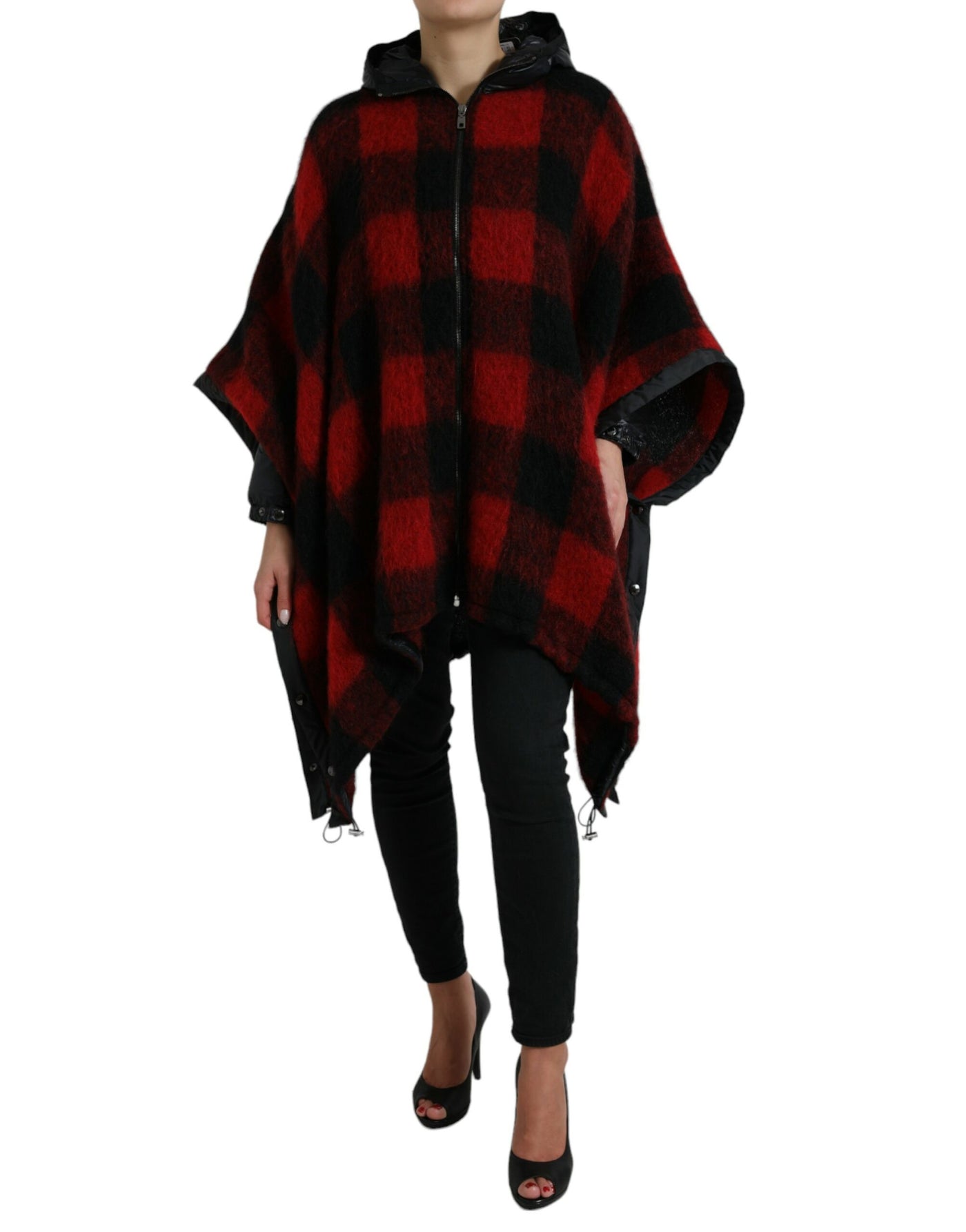 Dolce &amp; Gabbana Zwarte Rode Buffalo Check Capuchon Poncho Jas
