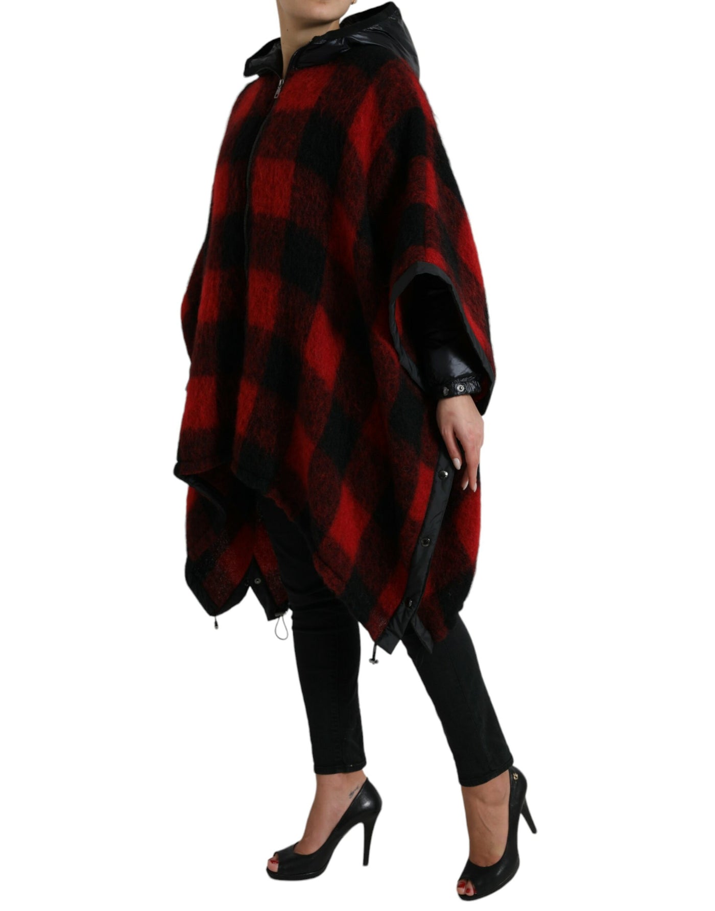 Dolce &amp; Gabbana Zwarte Rode Buffalo Check Capuchon Poncho Jas