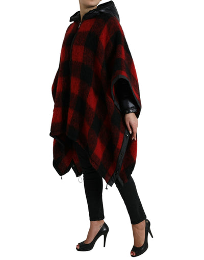 Dolce &amp; Gabbana Zwarte Rode Buffalo Check Capuchon Poncho Jas
