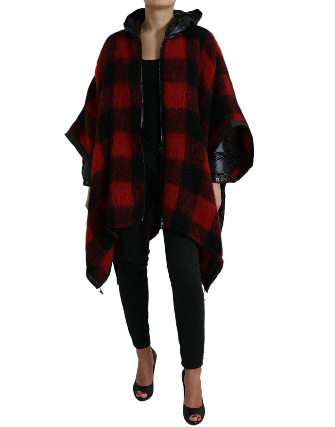 Dolce &amp; Gabbana Zwarte Rode Buffalo Check Capuchon Poncho Jas