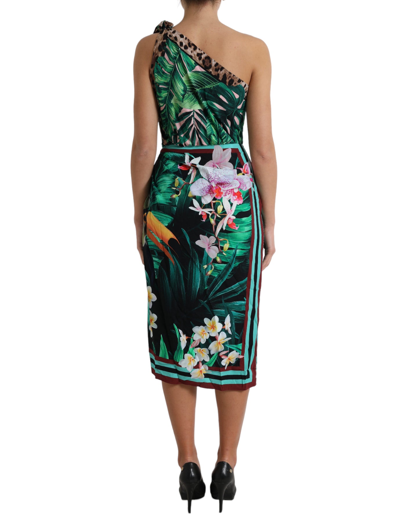 Robe midi asymétrique à imprimé jungle tropicale verte Dolce &amp; Gabbana